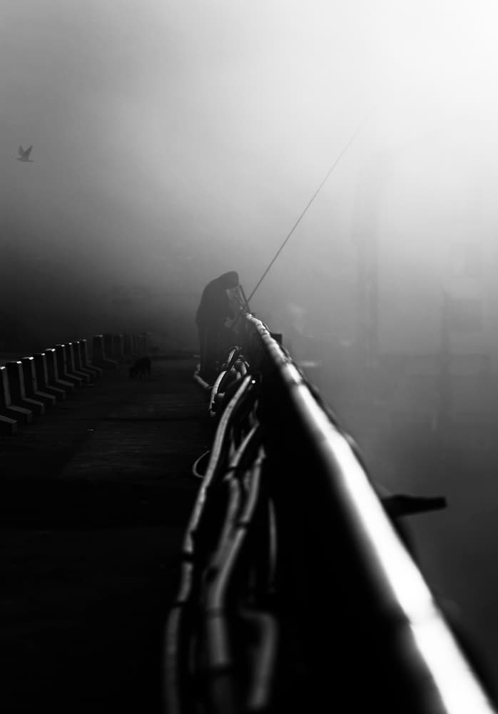 Foggy Pier Fisherman by Julien Oncete — canvas wall art