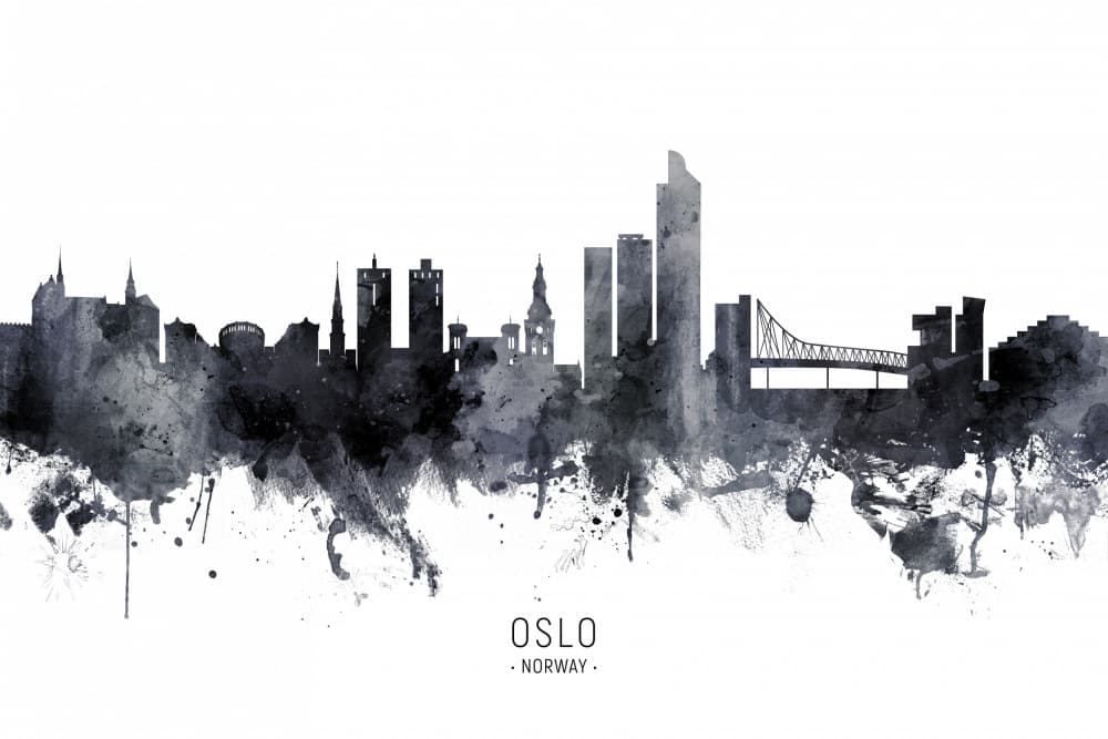 Oslo Watercolor Skyline by Michael Tompsett — canvas wall art