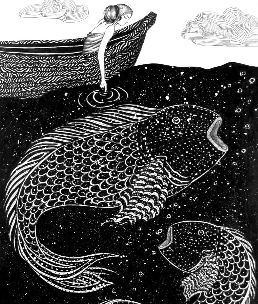 Woman and Deep Sea Fish by EC Mazur — canvas wall art