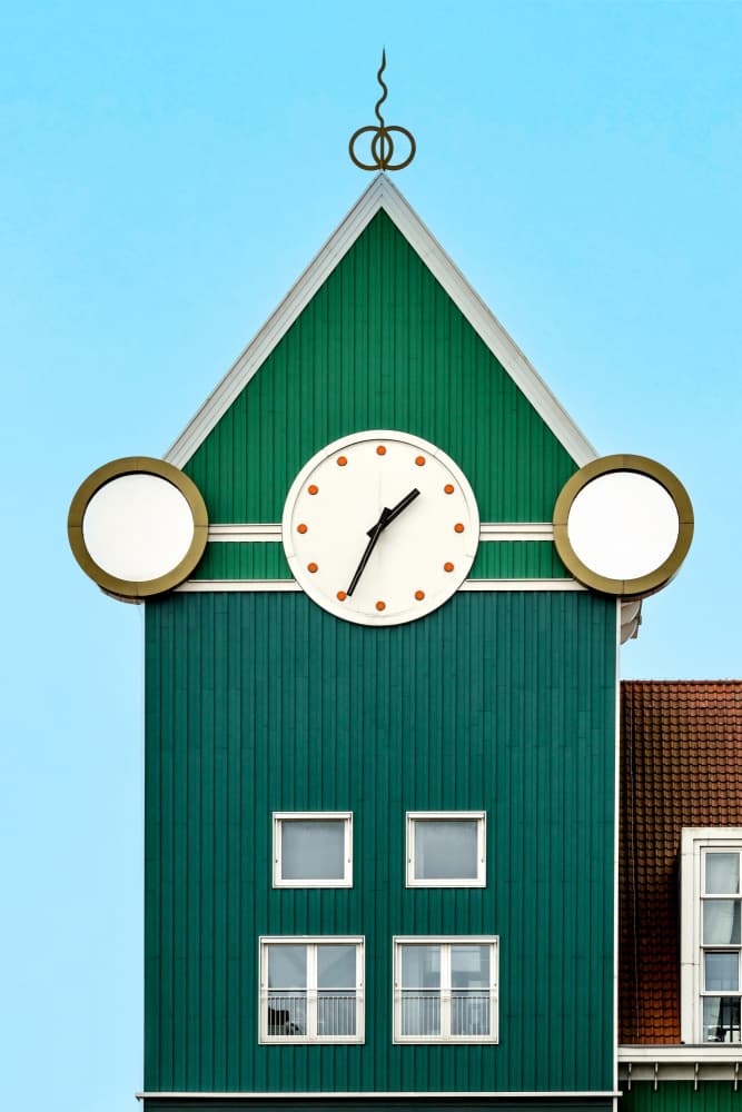 Vibrant Green Clock Building by Linda Wride — canvas wall art