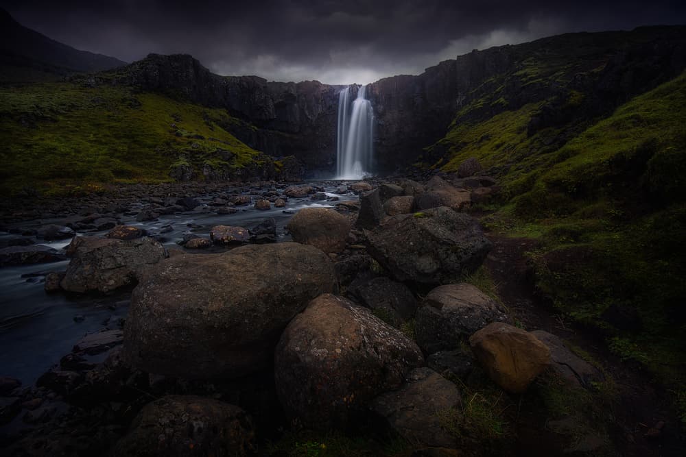 Moody Mountain Waterfall by Miguel Angel Martin Campos — canvas wall art