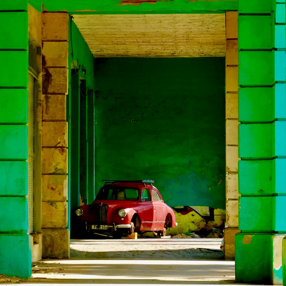 Vintage Red Car Green Archway by Yawen Wu — canvas wall art