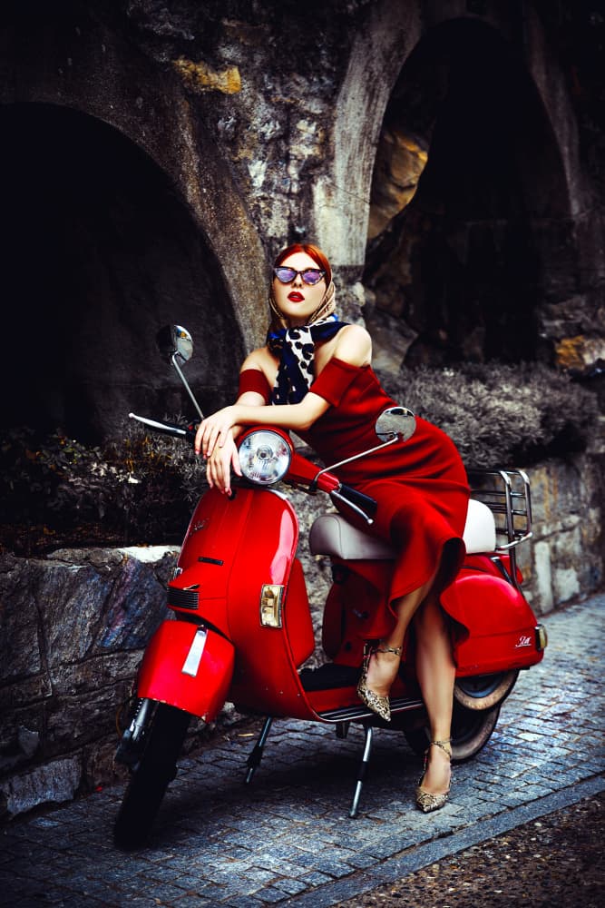 Elegant Woman Red Scooter by Ruslan Bolgov — canvas wall art