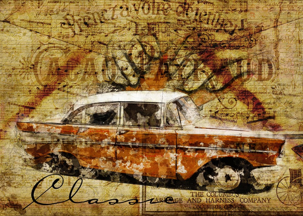 Rustic Classic Car by Lembayung senja studio [Vintage Poster] — canvas wall art