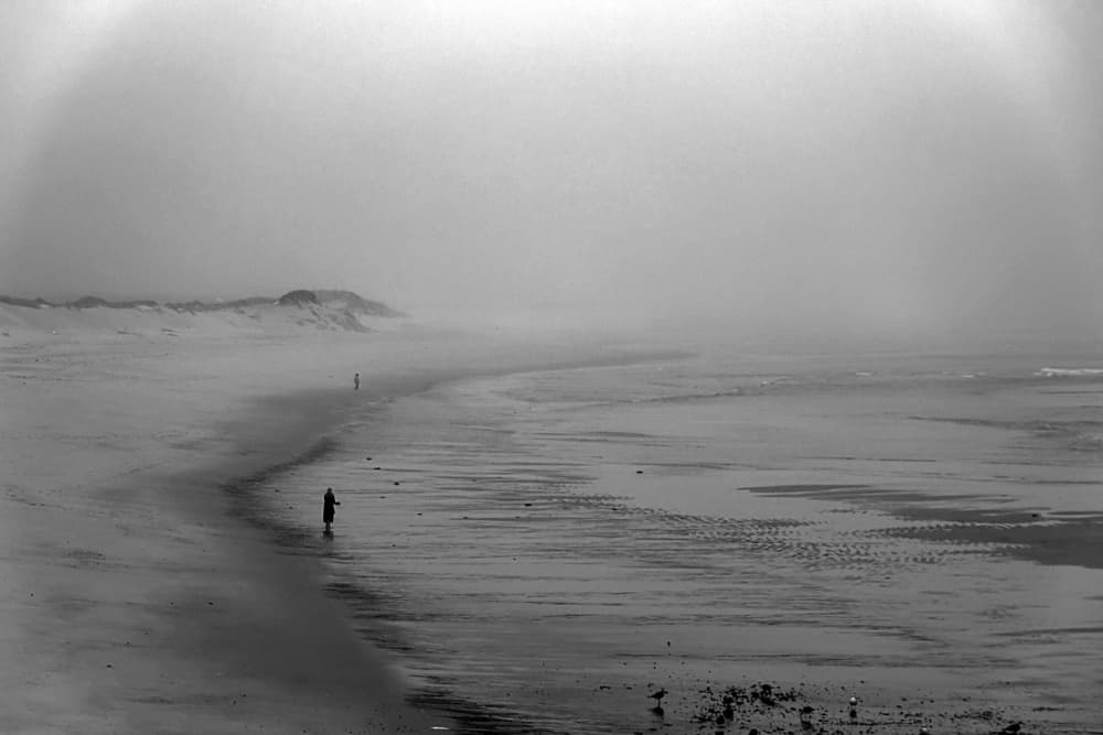 Misty Beach Walk by Miguel Silva — canvas wall art