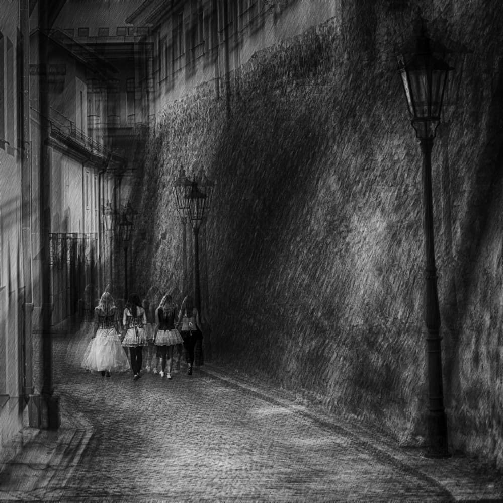 Ethereal Figures Old Alley by Roswitha Schleicher-Schwarz — canvas wall art