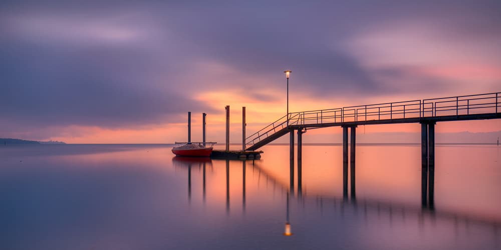 Red Boat Pier Sunset by Judith Kuhn — canvas wall art