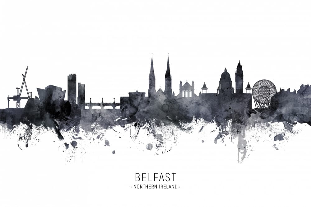 Belfast City Skyline Watercolor by Michael Tompsett — canvas wall art