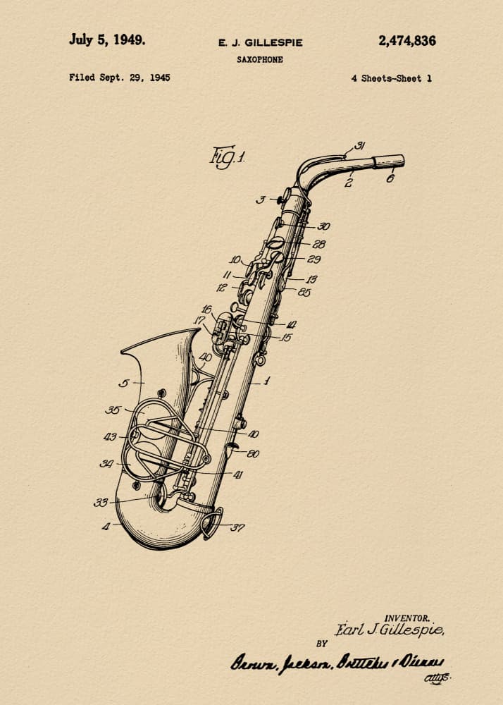 Vintage Saxophone Patent by Andreas Magnusson — canvas wall art
