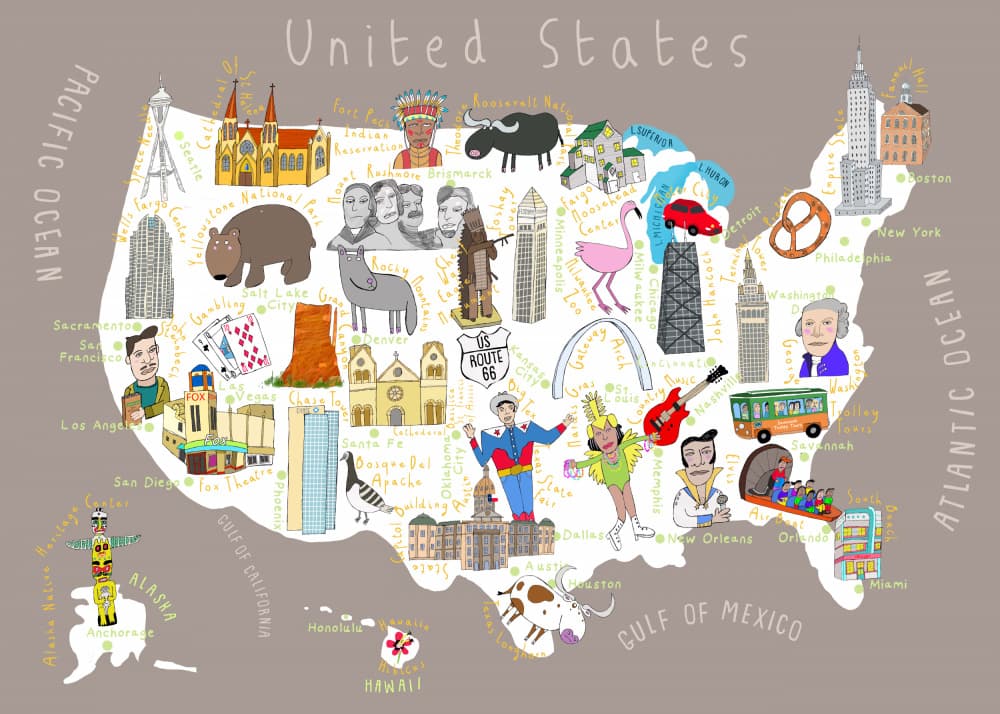 Whimsical United States Map by Carla Daly — canvas wall art
