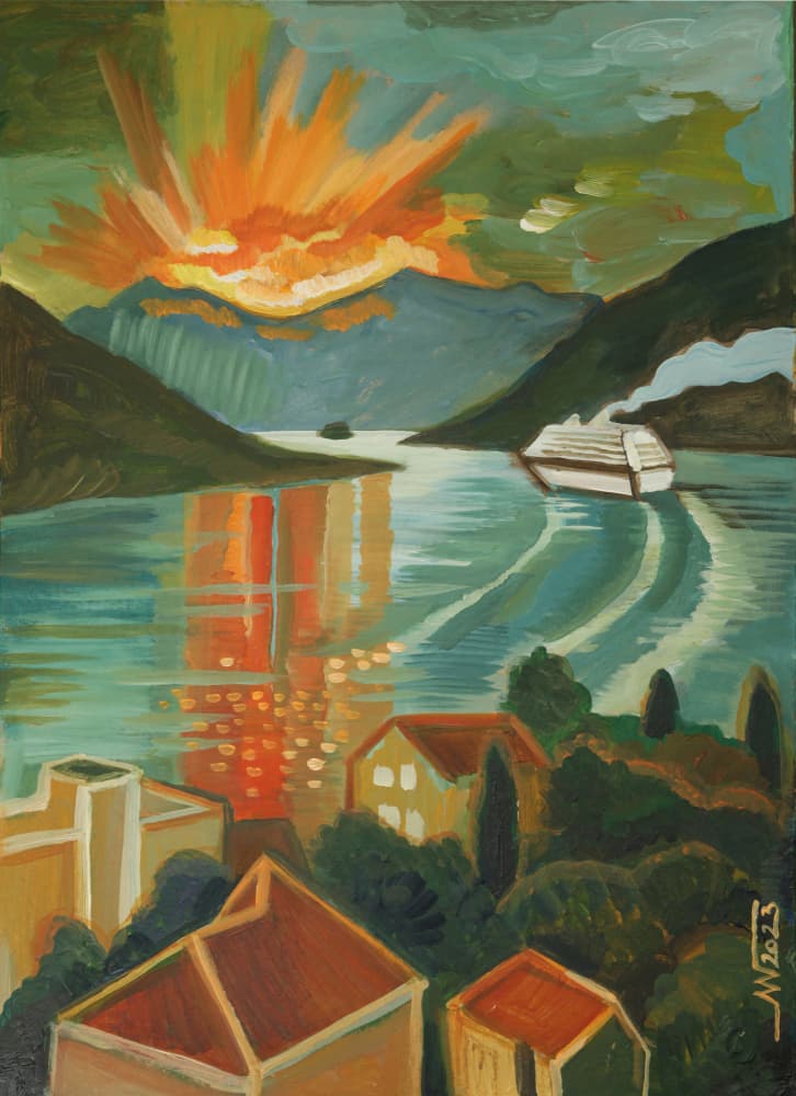 Vibrant Fjord Cruise Sunset by Marina Gorkaeva — canvas wall art