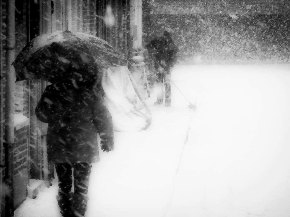 Snowy Umbrella Walk by Jef Flour — canvas wall art