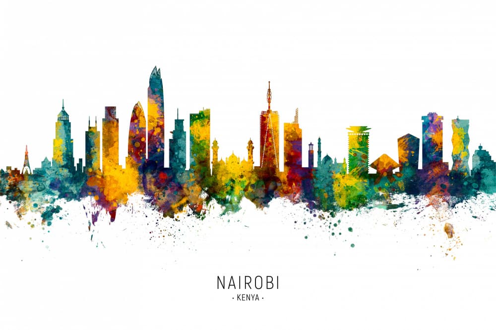 Nairobi Watercolor Skyline by Michael Tompsett — canvas wall art