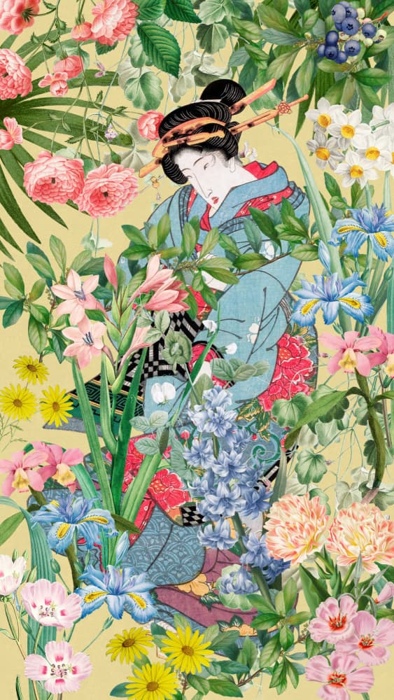 Geisha Among Flowers by Marja van den Hurk — canvas wall art
