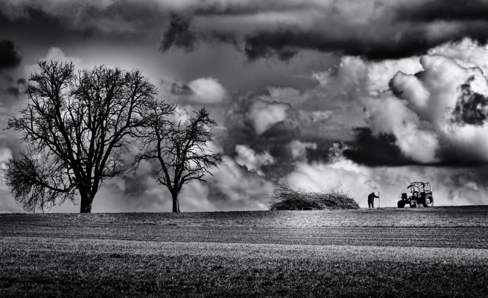 Farmer Under Stormy Sky by Jürgen Hartlieb — canvas wall art