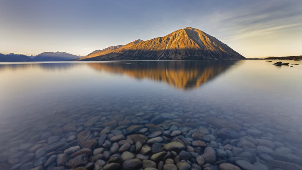 Golden Mountain Lake Reflection by Emanuel Papamanolis — canvas wall art