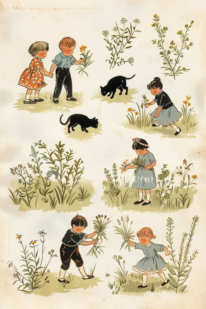 Whimsical Children Picking Flowers by Pictufy Studio IV — canvas wall art