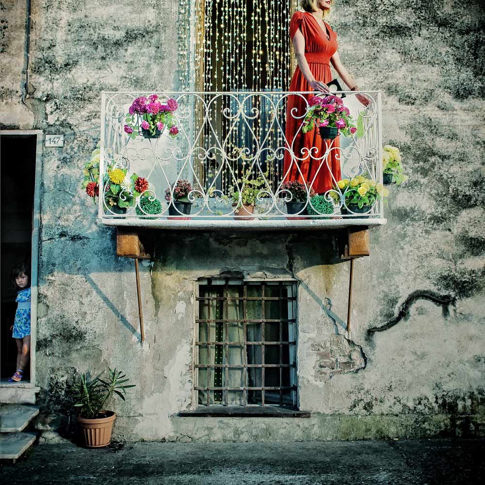 Woman Red Dress Balcony by ambra — canvas wall art