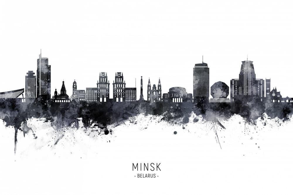 Minsk Watercolor Skyline by Michael Tompsett — canvas wall art