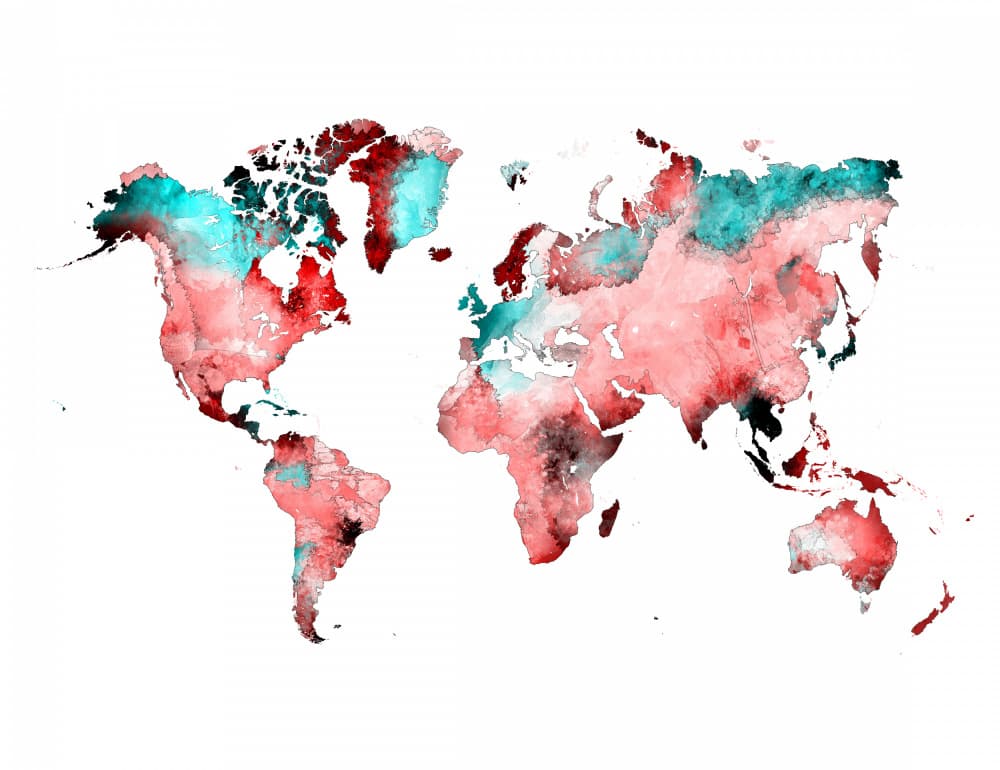 Vibrant Watercolor World Map by Justyna Jaszke — canvas wall art