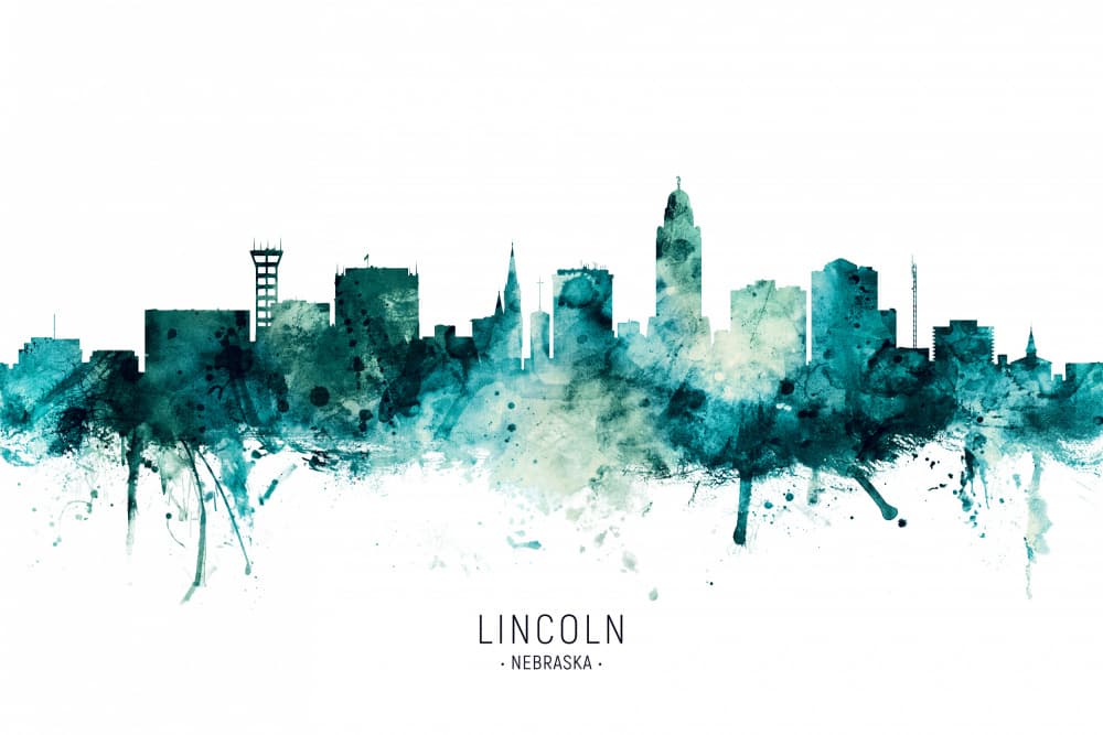 Lincoln Nebraska Watercolor Skyline by Michael Tompsett — canvas wall art
