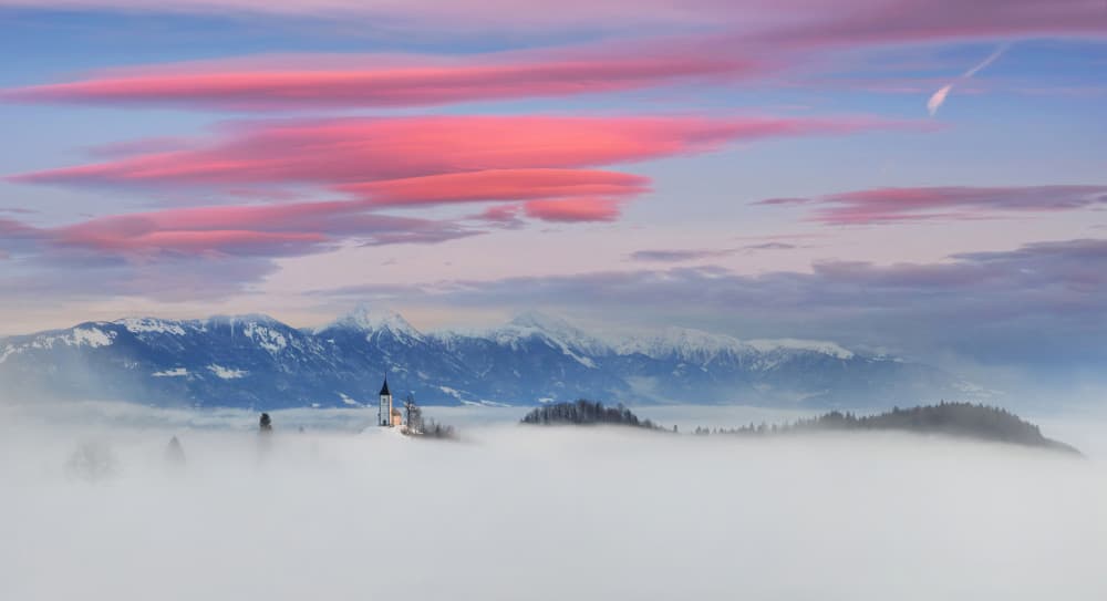 Pink Sky Church In Fog by Ales Komovec — canvas wall art