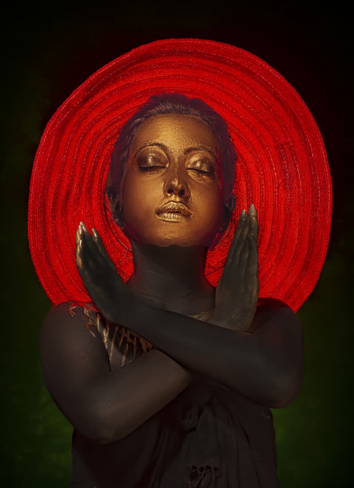 Gold Face Red Hat by DEBASISH CHATTOPADHYAY — canvas wall art