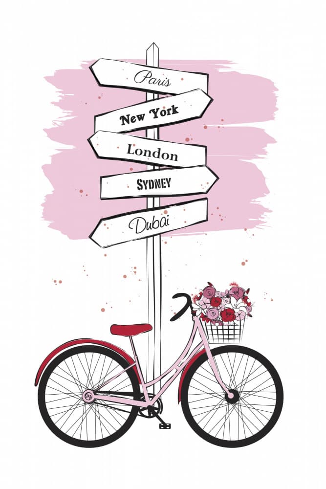 Pink Bicycle City Signs by Martina — canvas wall art