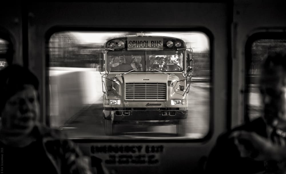 Oncoming School Bus by Wim Schuurmans — canvas wall art