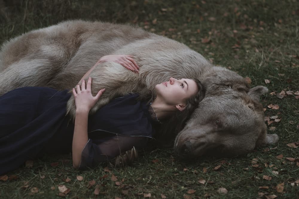 Woman and Gentle Bear by Olga Barantseva — canvas wall art