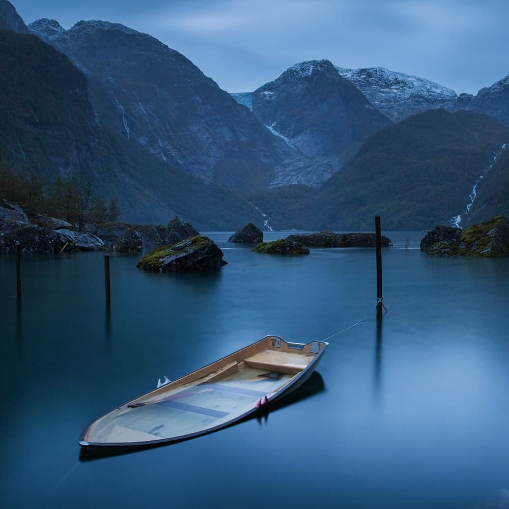 Quiet Fjord Lake Boat by YuppiDu — canvas wall art
