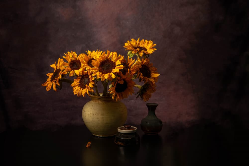 Golden Sunflowers Still Life by Jie Cheng — canvas wall art