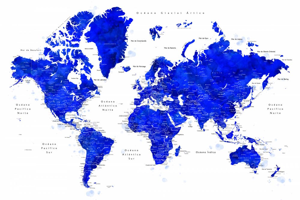 Blue Watercolor World Map by Rosana Laiz Blursbyai — canvas wall art