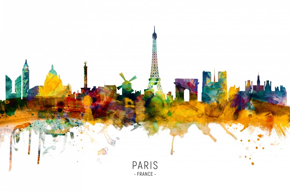 Paris Watercolor Skyline by Michael Tompsett — canvas wall art