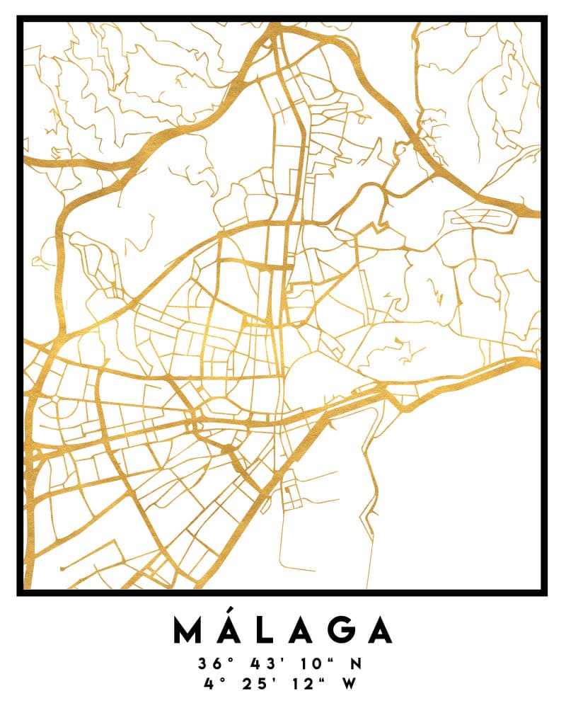 Málaga Golden City Map by Emiliano Deificus — canvas wall art