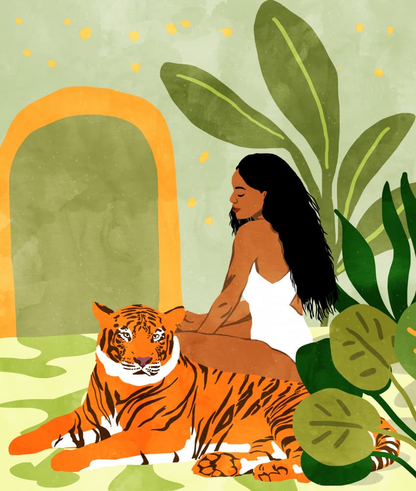 Serene Woman and Tiger by Uma Gokhale — canvas wall art