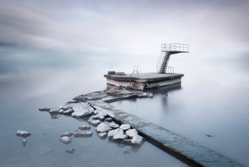 Misty Lake Diving Board by Joaquin Guerola — canvas wall art