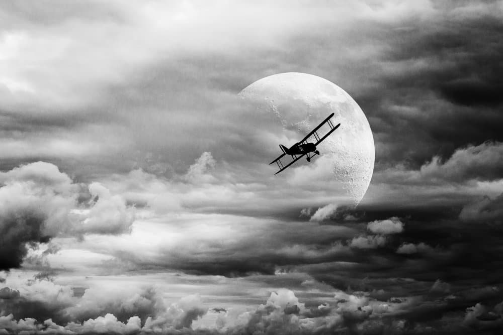Biplane Moon Flight by Normunds Kaprano — canvas wall art