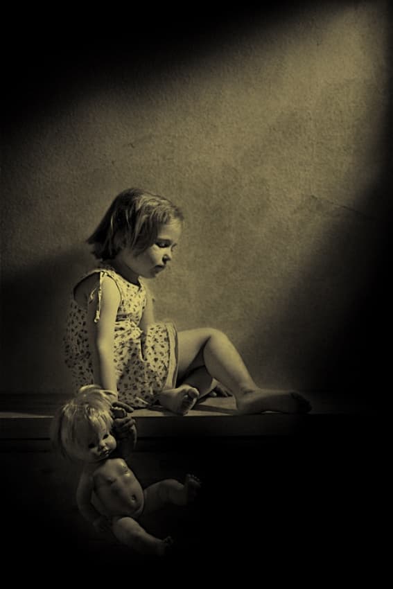 Lonely Girl With Doll by Mirjam Delrue — canvas wall art