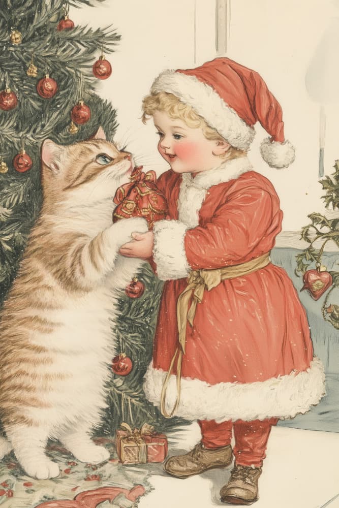 Christmas Cat Gift by Melloi Art Prints — canvas wall art