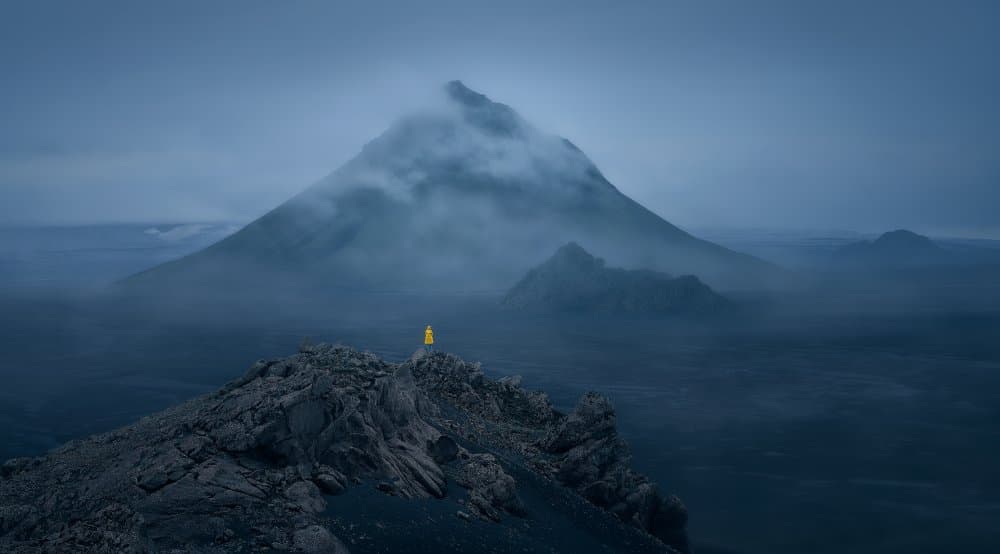 Lone Figure on Misty Mountain by Javier de la Torre — canvas wall art