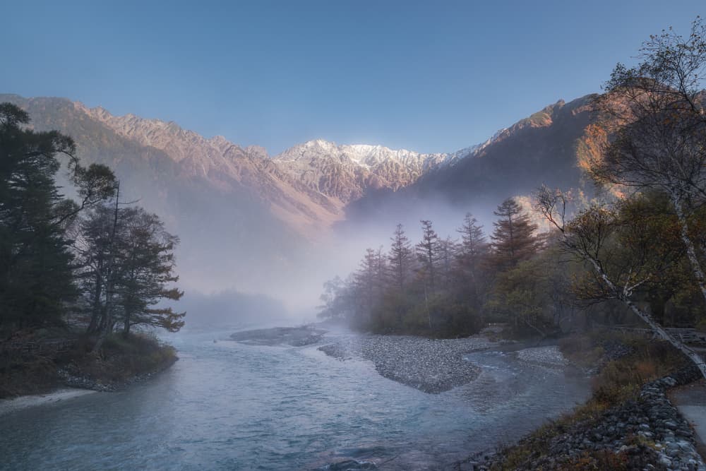 Misty Mountain River Valley by udataro — canvas wall art