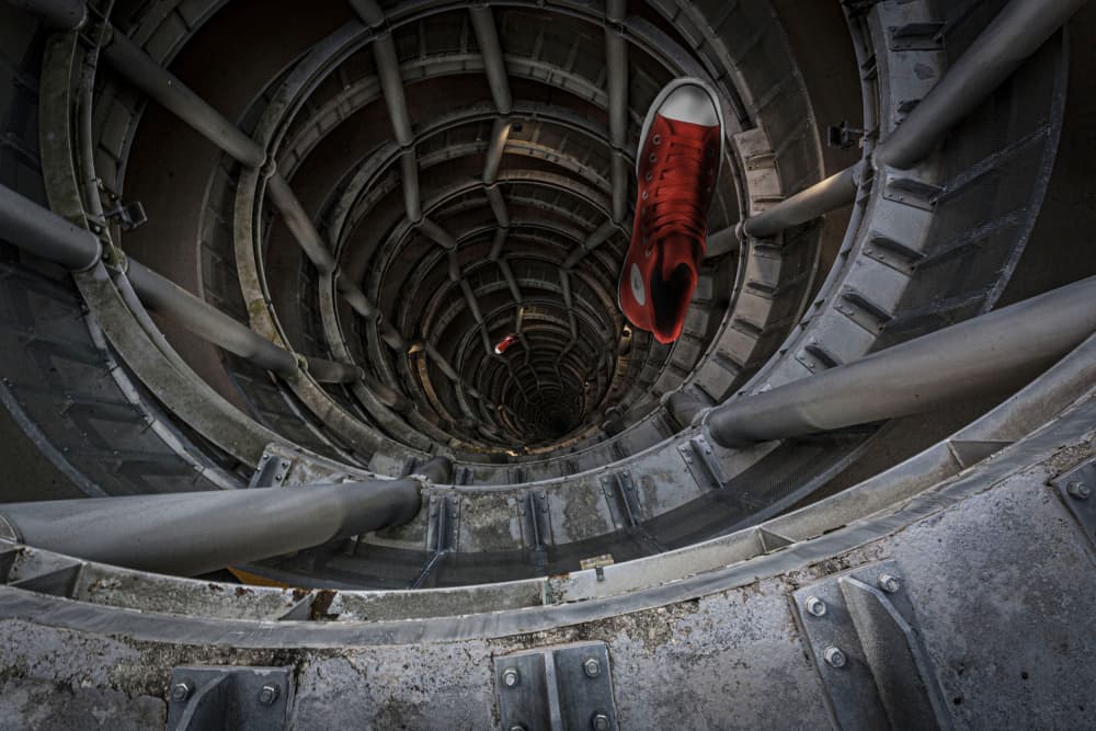 Falling Red Shoe Spiral by Yohan Borca — canvas wall art