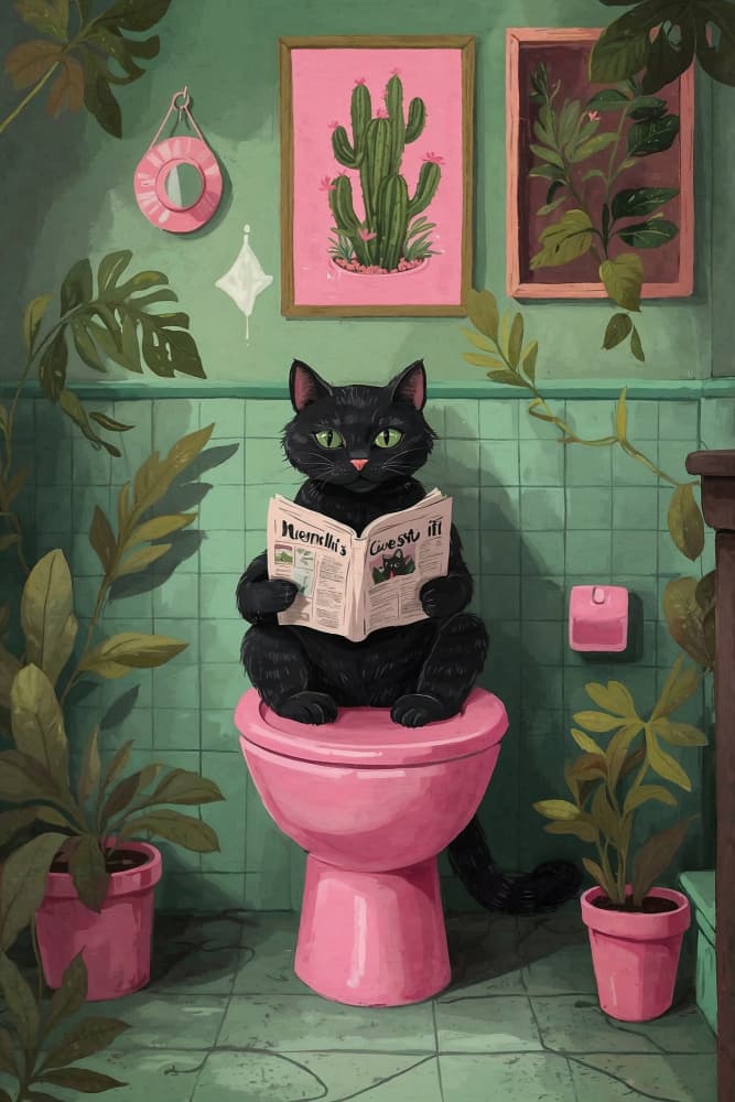 Cat Reading In Bathroom