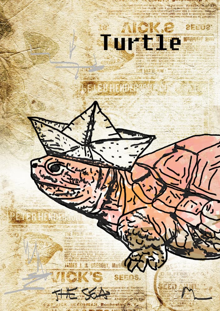 Turtle's Paper Boat by Lembayung senja studio [Vintage Poster] — canvas wall art