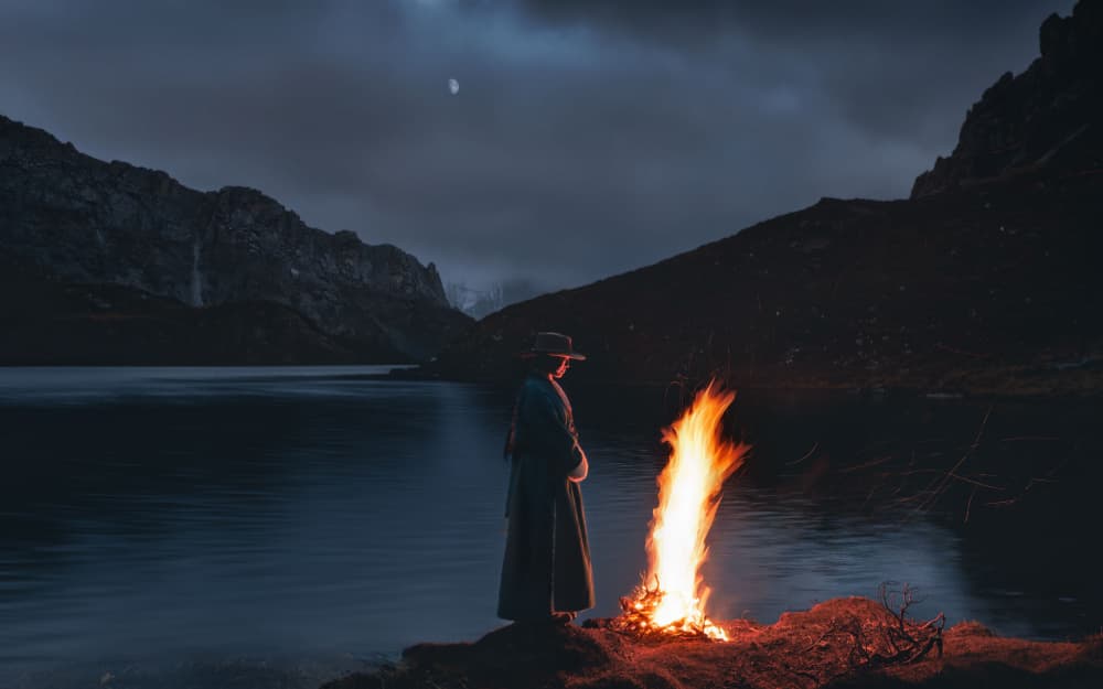 Lone Figure Night Fire by YANGYING — canvas wall art