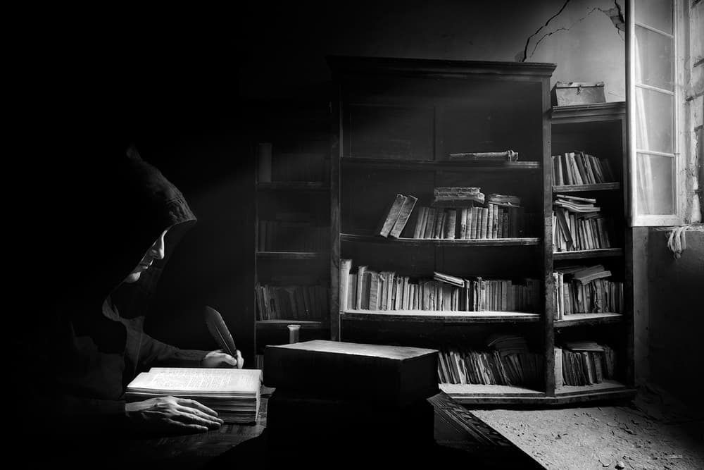 Hooded Scholar Writing by Marco Bizziocchi — canvas wall art