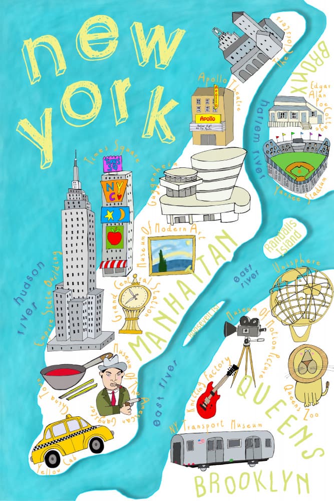 Whimsical New York Map by Carla Daly — canvas wall art
