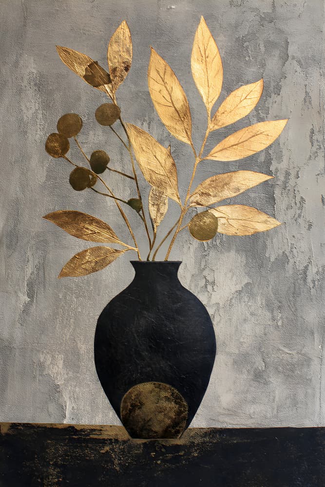 Black Vase Golden Leaves by Miguel Bruzual — canvas wall art
