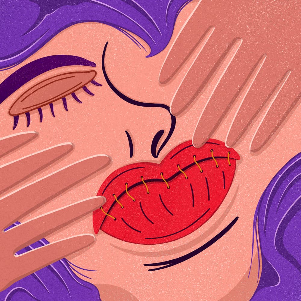 Stitched Lips Silent Protest by Jonathan Cañamar — canvas wall art